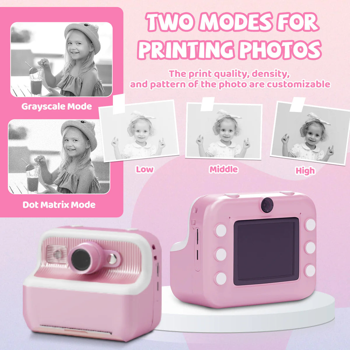 Instant Print Camera for Kids, Dual-Lens 48MP Digital Camera 2.4 Inch Screen with 3 Rolls Paper, Pink