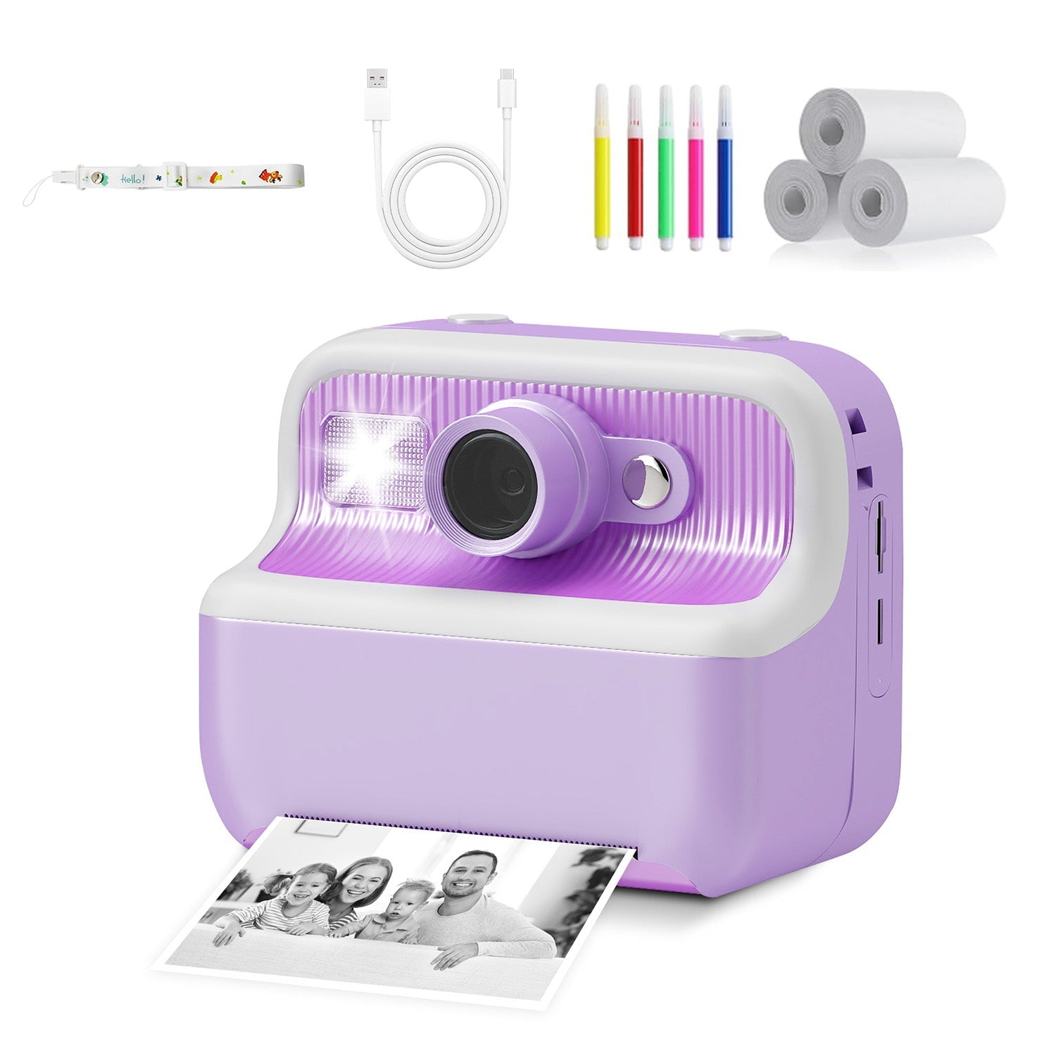 Instant Print Camera for Kids, Dual-Lens 48MP Digital Camera 2.4 Inch Screen with 3 Rolls Paper, Purple