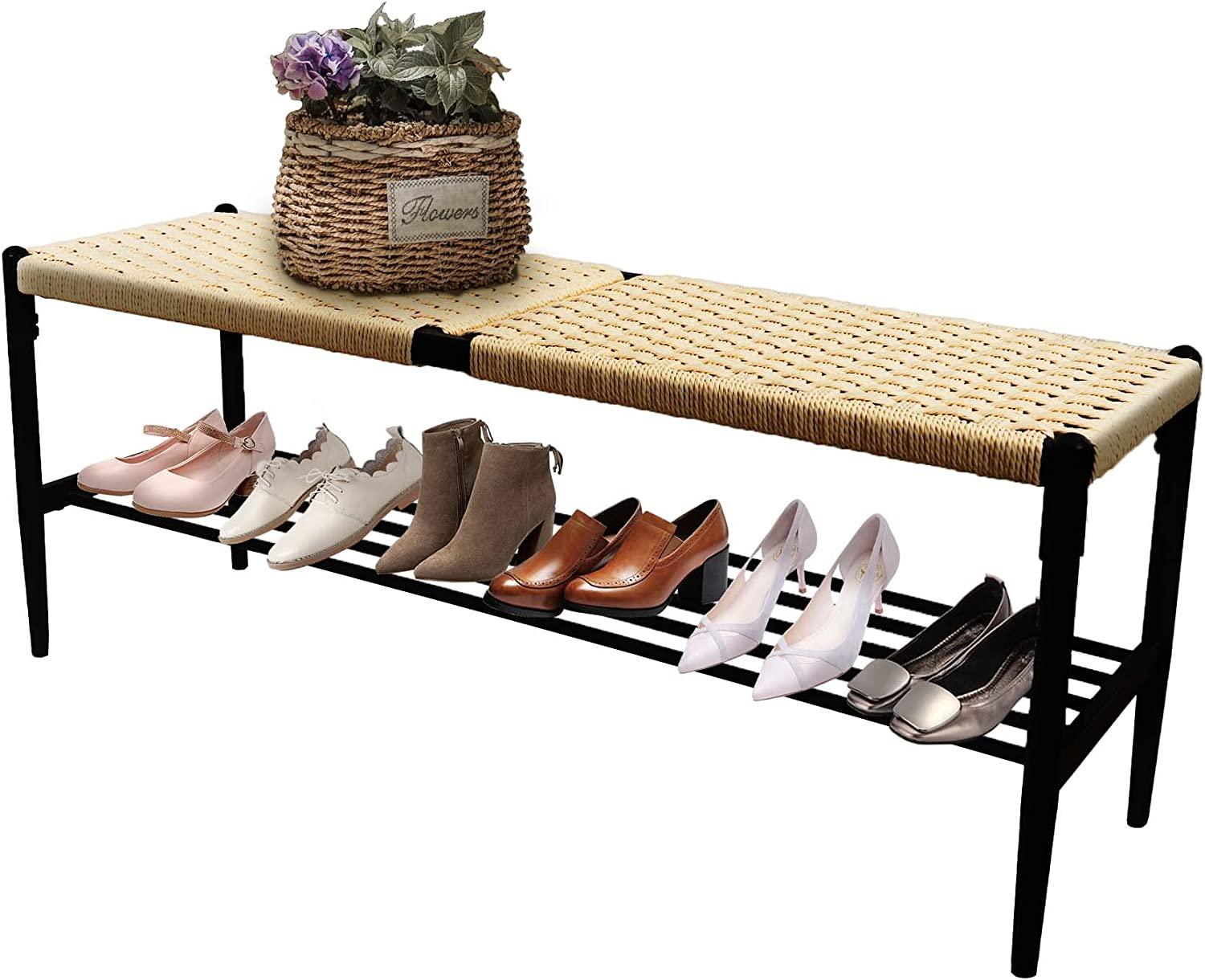 Hand Woven Surface Shoes Storage Rack Bench Stool with Metal Shelf, Black