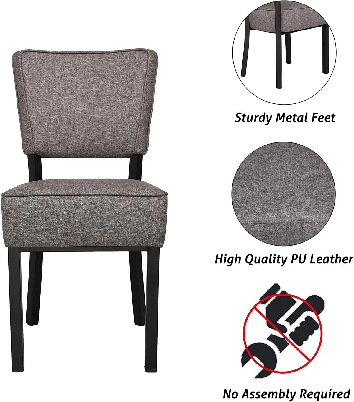 Classic Dining Chair Set of 2, Modern Style Family Leisure Chair with Stainless Steel Legs, PU Leather Mid Back Side Chair, Gray