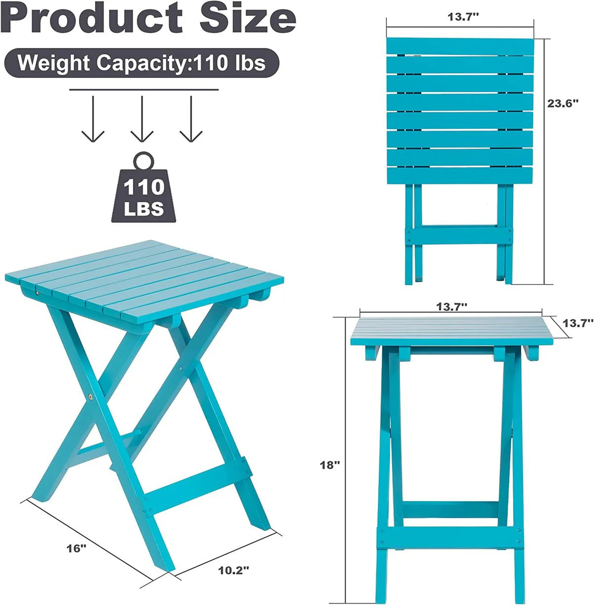 Outdoor Wooden Folding Square Side Table, Portable Lounge End Table, Blue