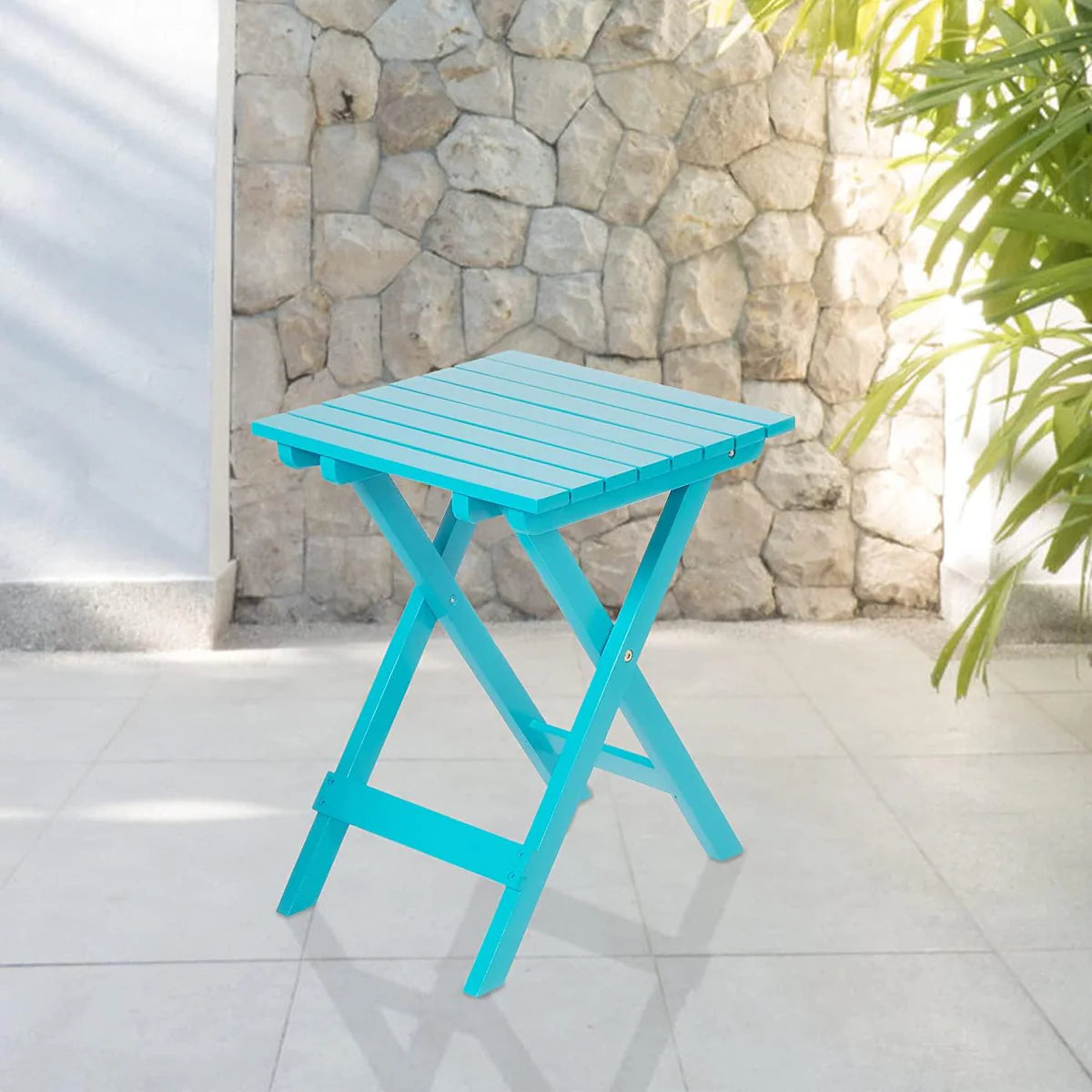 Outdoor Wooden Folding Square Side Table, Portable Lounge End Table, Blue