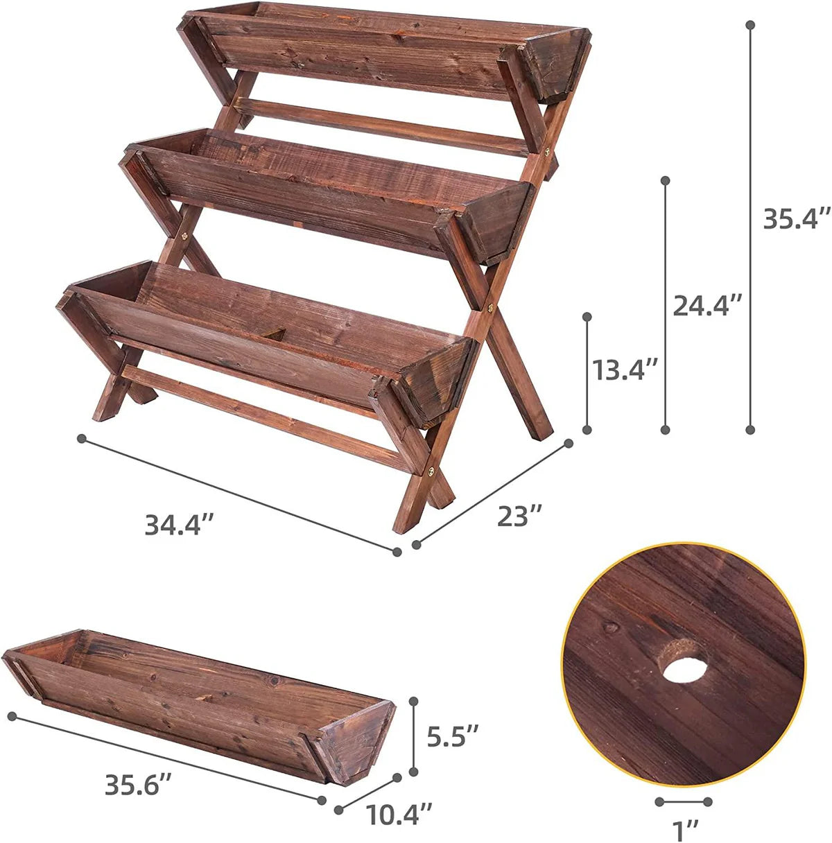 3 Tier Wooden Planter Box Container Freestanding Raised Garden Bed with Drain Holes