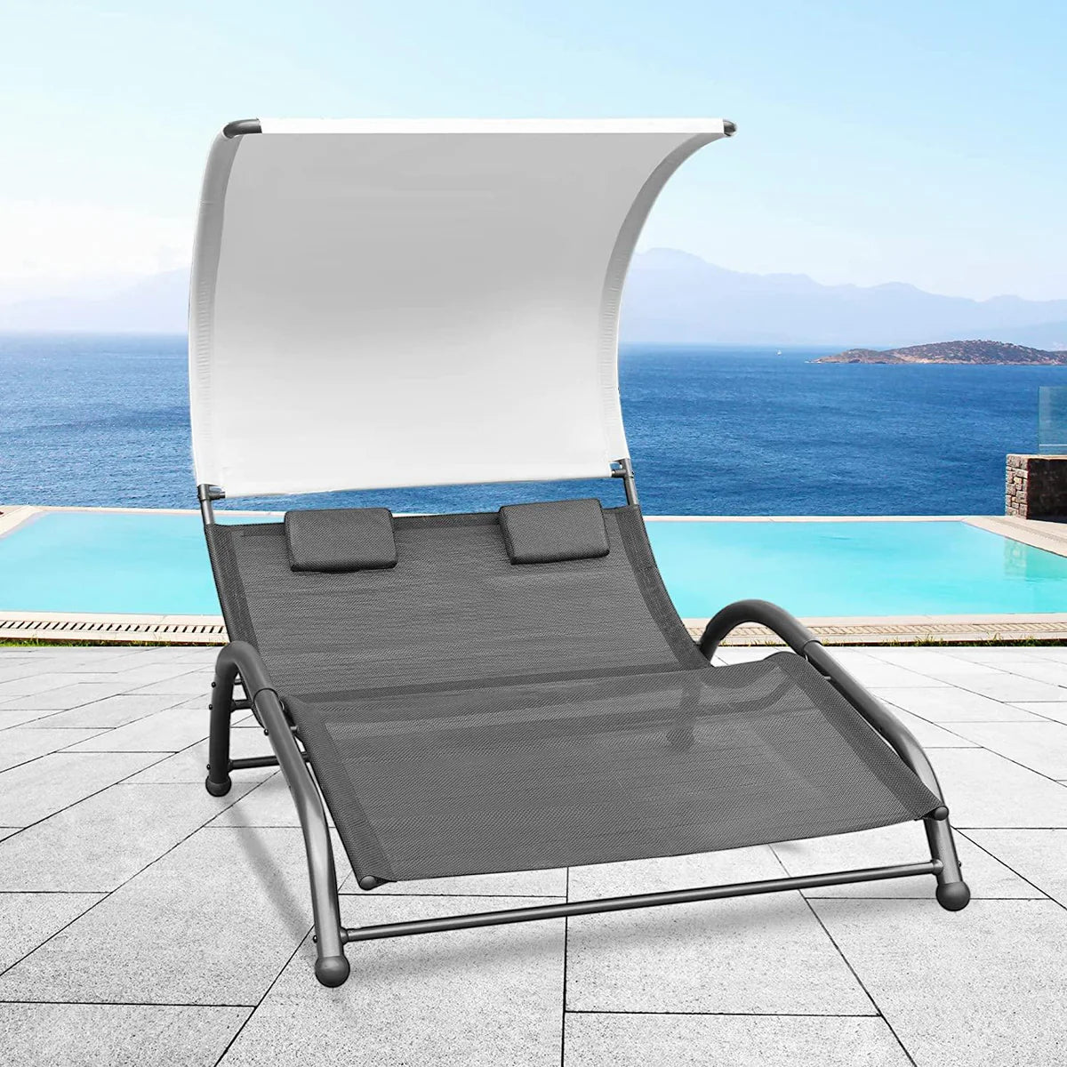 Outdoor Double Chaise Lounge Bed Chair with Canopy & Both Removable Pillows