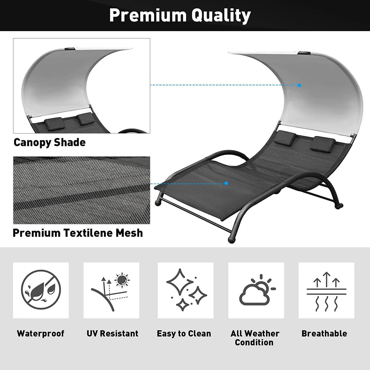 Outdoor Double Chaise Lounge Bed Chair with Canopy & Both Removable Pillows