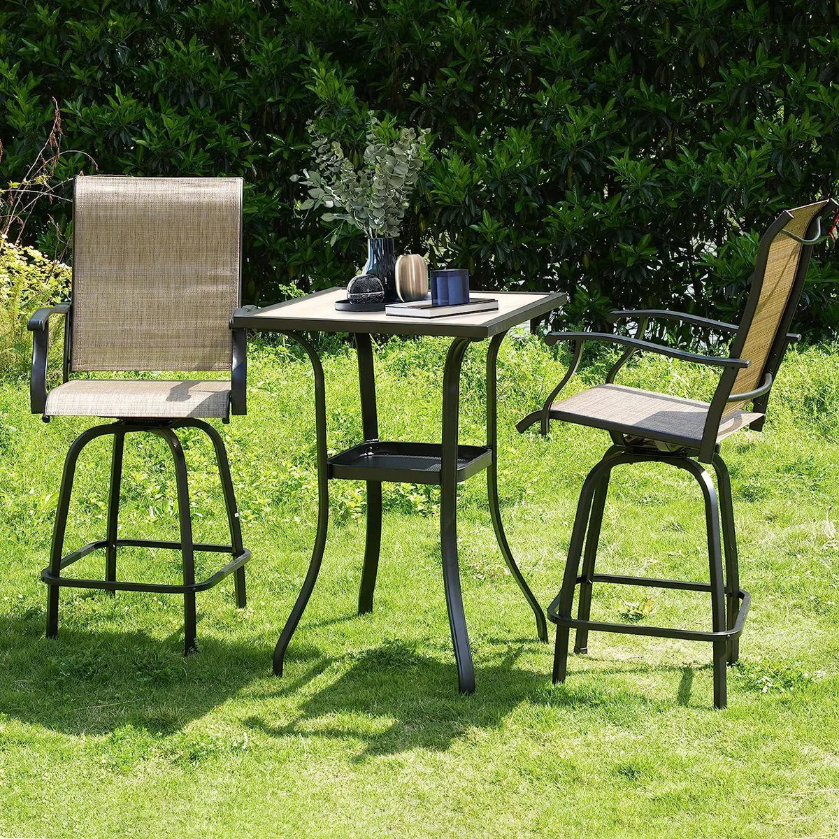 2 Pcs Outdoor Swivel Bar Stools, Height Patio Bar Chair with High Back, Armrest & Breathable Textilene Fabric