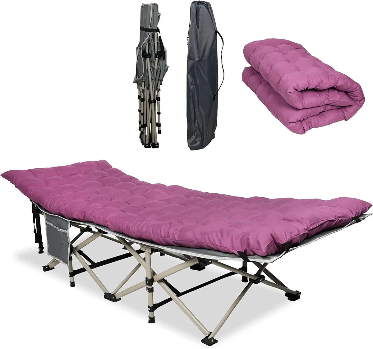 Folding Camping Cot Sleeping Cot Bed with Detachable Mattress, Gray & Dark Purple