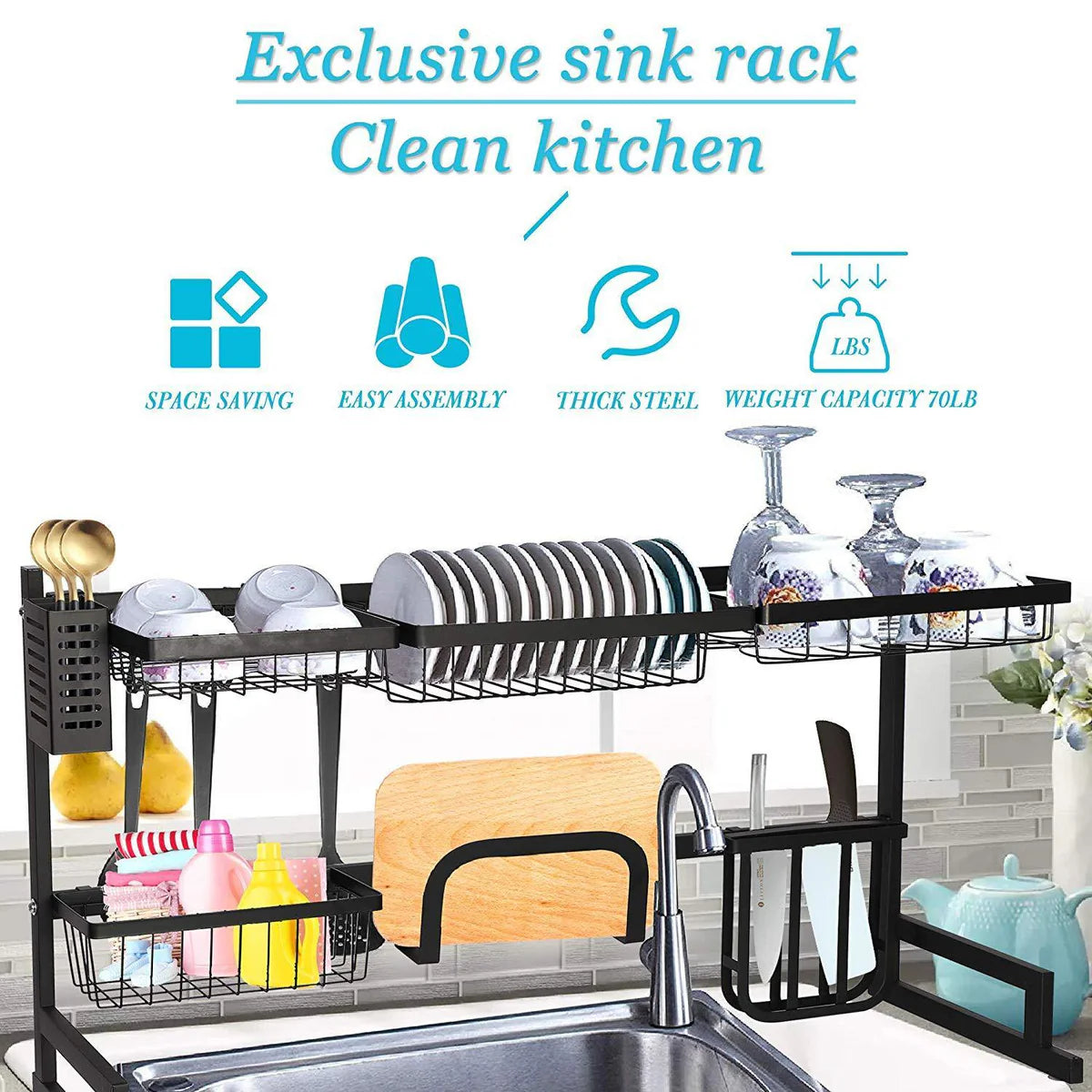 Over The Sink Dish Drying Rack Stainless Steel Kitchen Supplies Storage Shelf Drainer Organizer, 35" x 12.2" x 20.4"