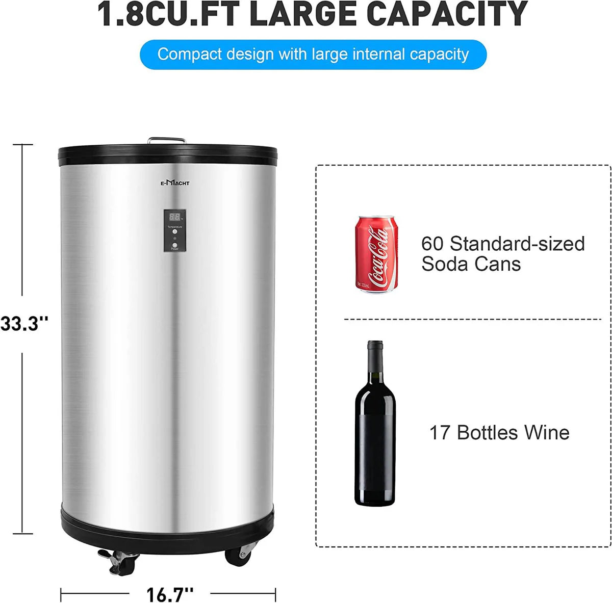 1.8 Cu.ft Beverage Refrigerator Party Cooler Fridge with 4 Universal Wheels, Removable Baskets & LCD Display