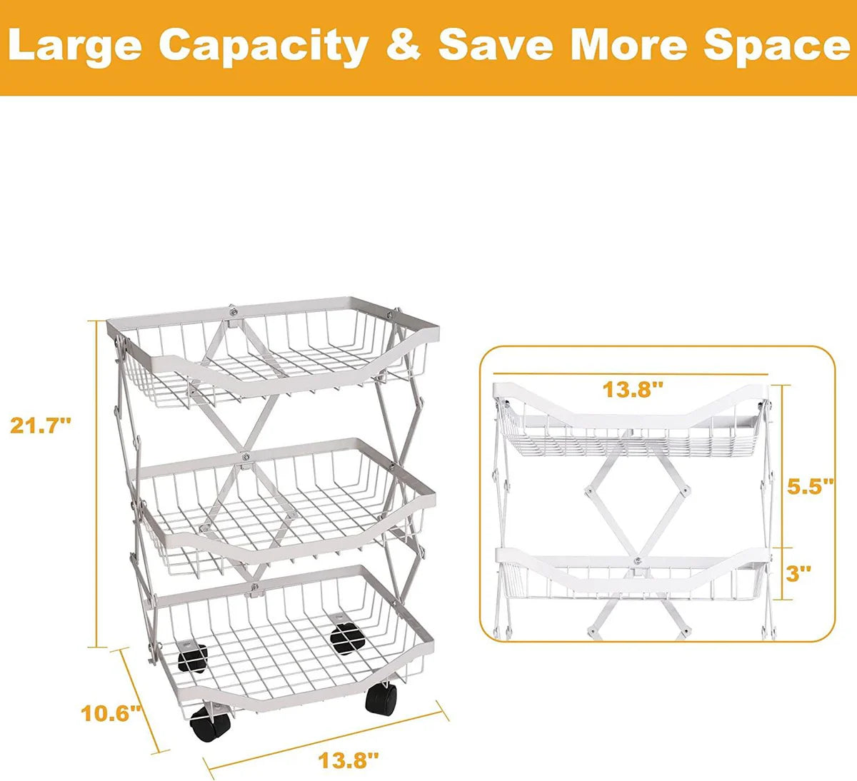 3 Tier Foldable Fruit Basket Kitchen Storage Rolling Cart, Living Room Baskets