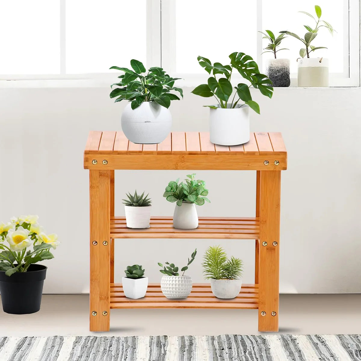 2-Tier Bamboo Shoe Entryway Storage Bench Rack Shoe Organizer