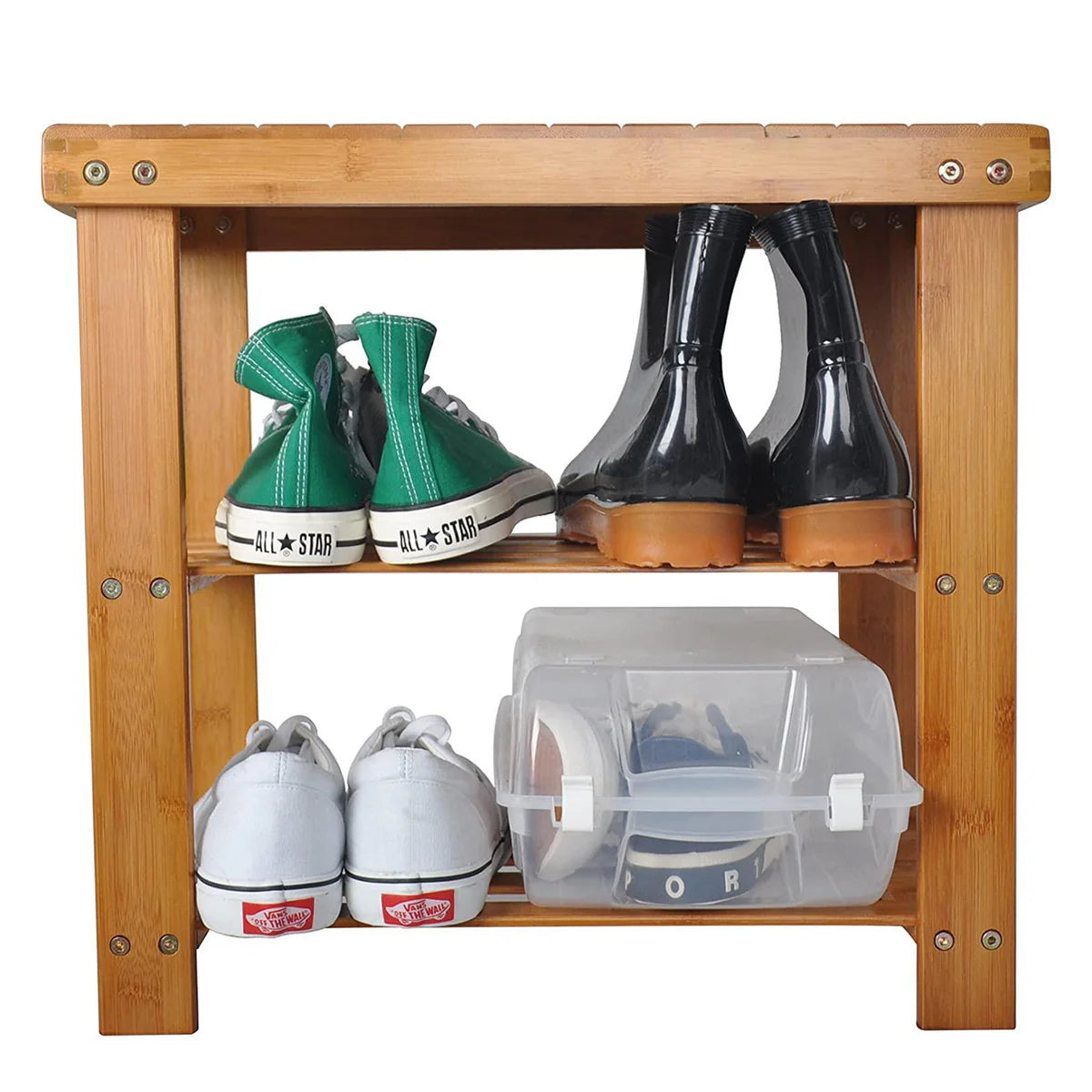 2-Tier Bamboo Shoe Entryway Storage Bench Rack Shoe Organizer