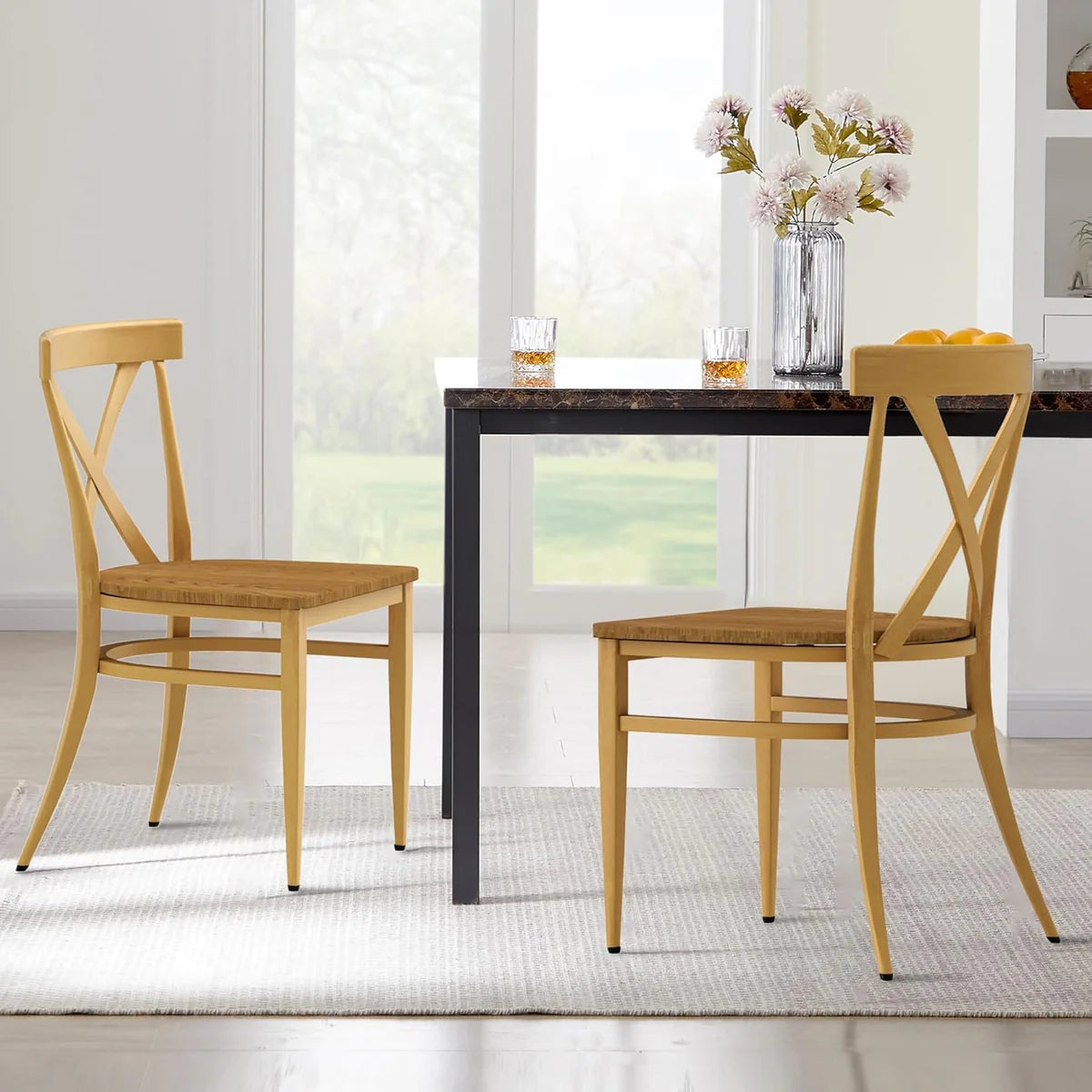 Stackable Side Chairs with Solid Wood Seat&Sturdy Metal Legs, Yellow