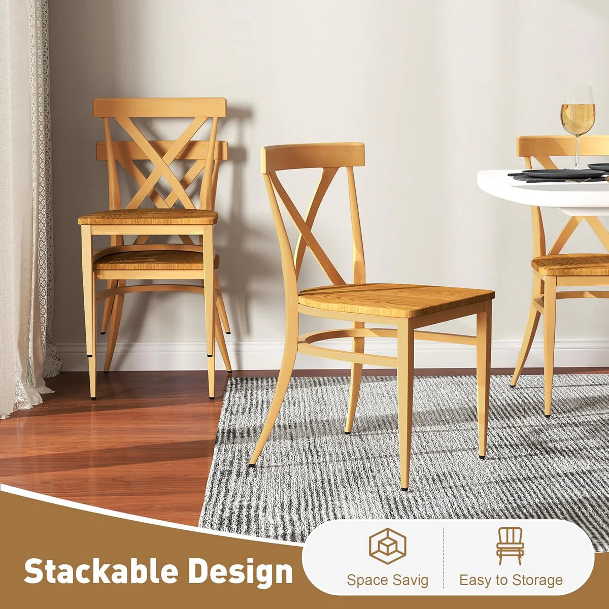 Stackable Side Chairs with Solid Wood Seat&Sturdy Metal Legs, Yellow