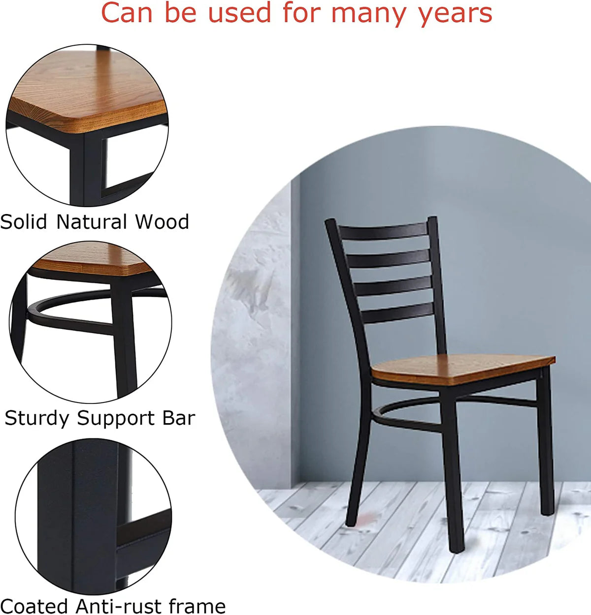 2 Pack Dining Room Kitchen Chair Ladder Back Metal Leg Stackable Fully Assembled Side Chairs with Wood Seat, Black