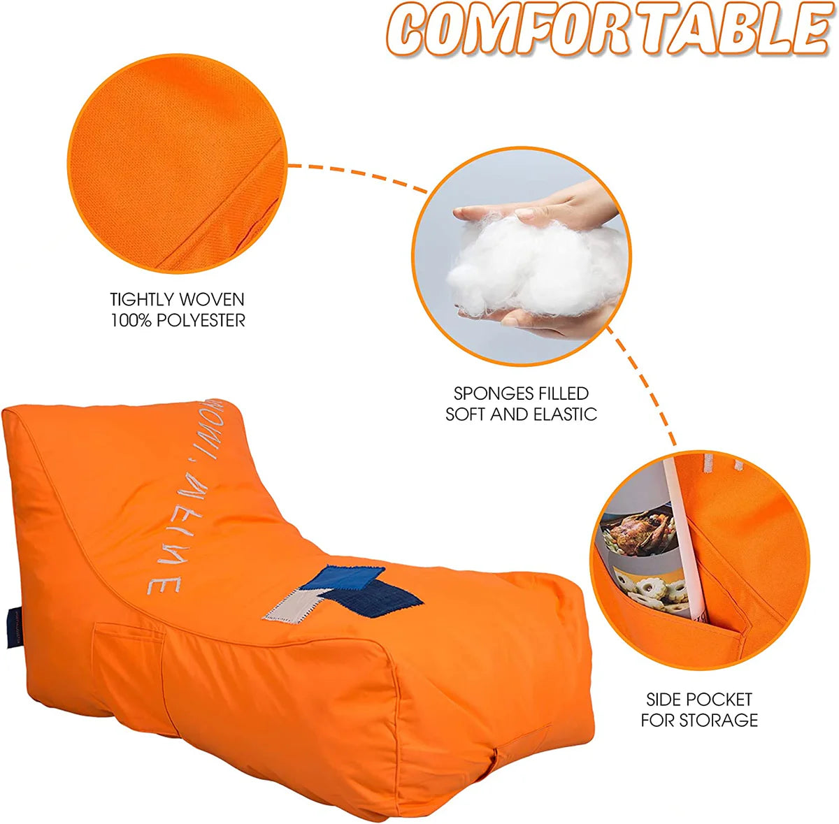 Nylon Foam Lazy Lounger Self Expanding Sponge Floor Chair Sleeper Sofa w/ Dirt-Proof Oxford Fabric & Side Pocket, Orange