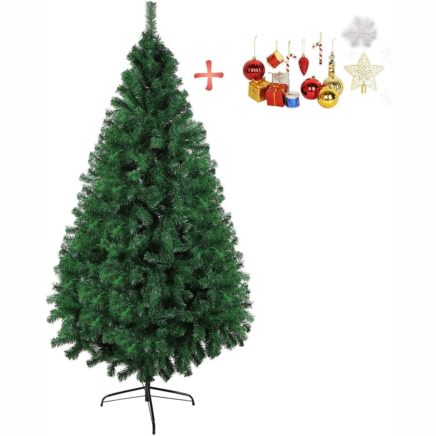 7' Christmas Pine Tree Artificial Fake Xmas Tree with Solid Metal Stand and Decoration for Festival Party Holiday, Green