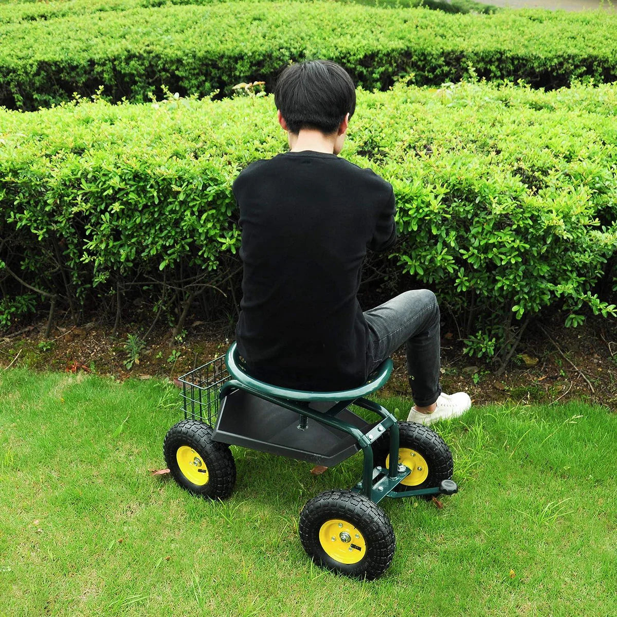 Garden Cart Wagon Scooter Rolling Yard Work Seat with Tool Tray and 360 Swivel Seat