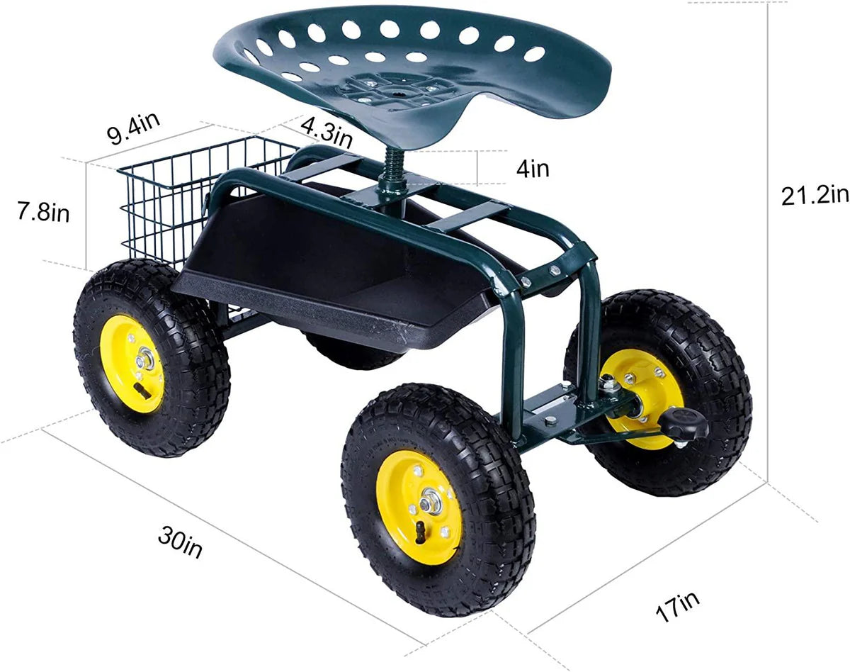 Garden Cart Wagon Scooter Rolling Yard Work Seat with Tool Tray and 360 Swivel Seat