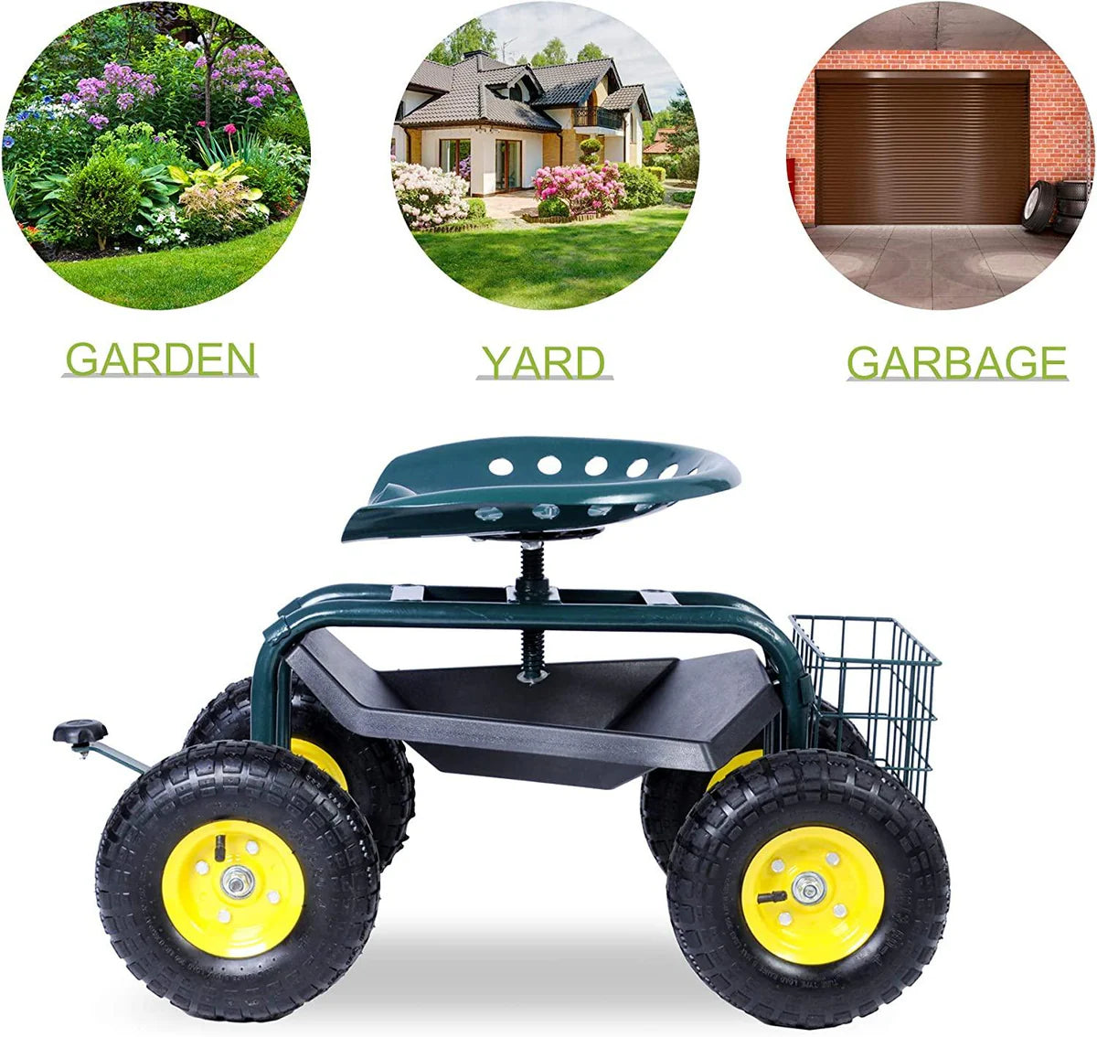 Garden Cart Wagon Scooter Rolling Yard Work Seat with Tool Tray and 360 Swivel Seat