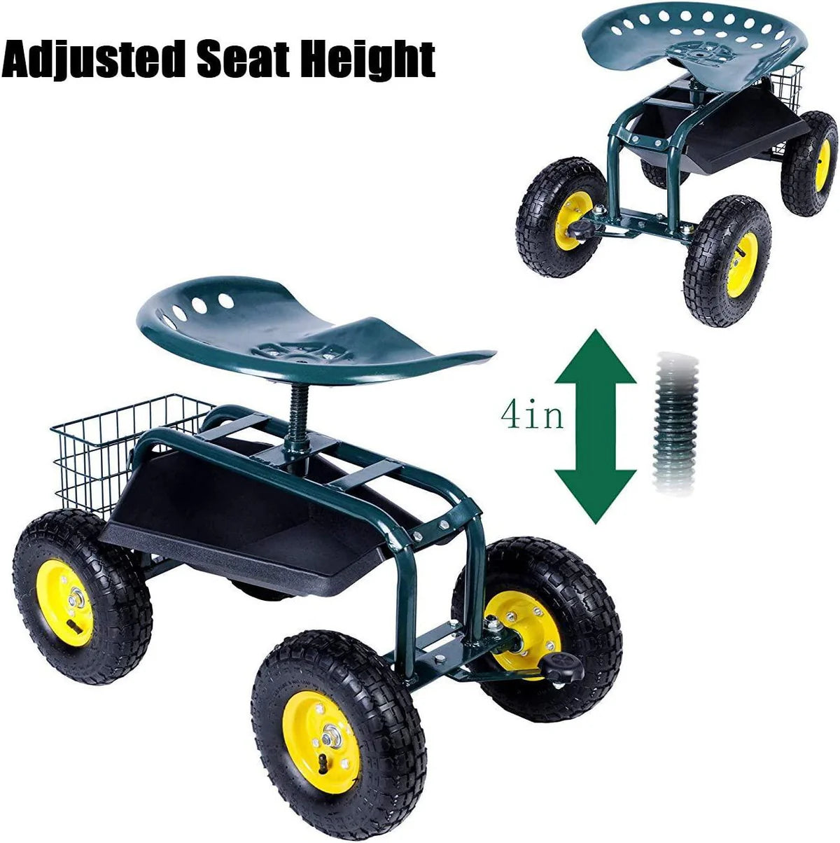 Garden Cart Wagon Scooter Rolling Yard Work Seat with Tool Tray and 360 Swivel Seat