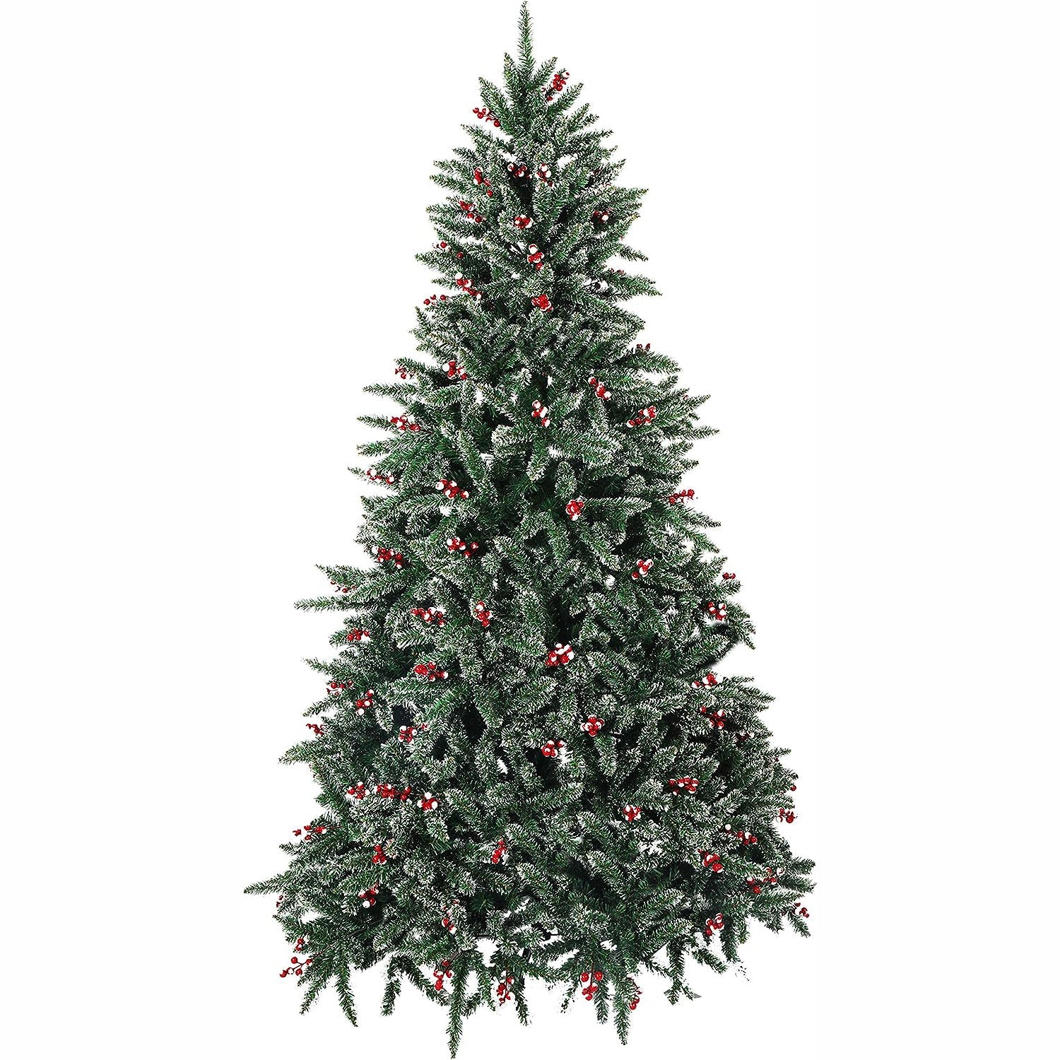 7' Artificial Christmas Tree Snow Flocked 1390 Tips Pine Decoration with Red Cheery