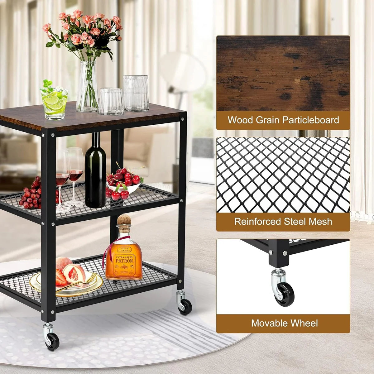 3-Tier Modern Style Storage Rack with Wheels - Steel Movable Storage Shelf and Display Rack in Black/Brown