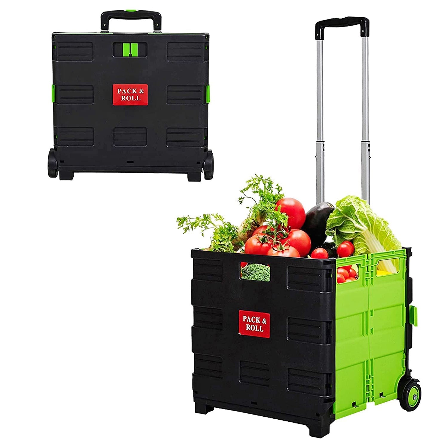 56L Folding Portable Rolling Utility Shopping Cart Crate with Telescopic Handle (Green, Large)