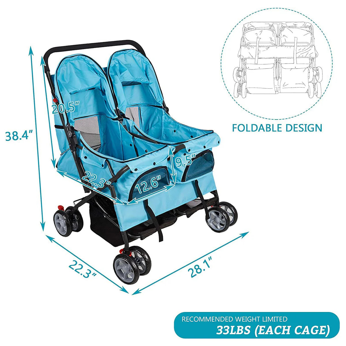 Folding 4 Wheels Double Pet Stroller Two-Seater Carrier Cart, Blue