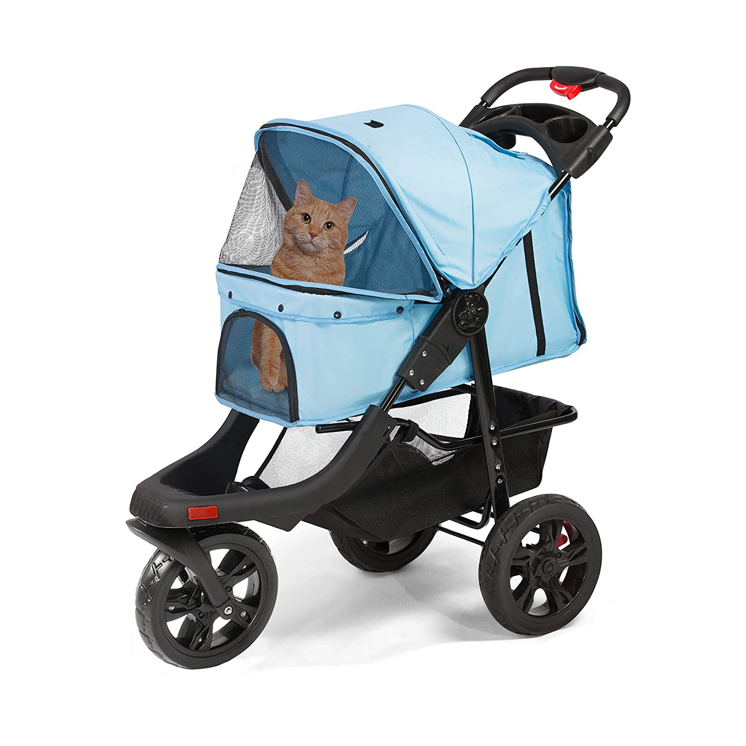 3-Wheels pet Stroller, Foldable Jogger Pet Stroller with Storage Basket, Blue