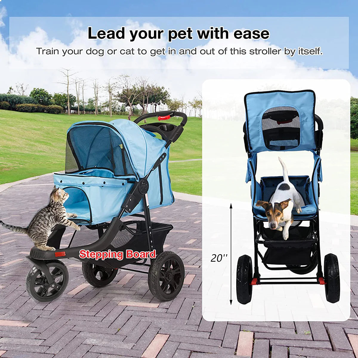 3-Wheels pet Stroller, Foldable Jogger Pet Stroller with Storage Basket, Blue