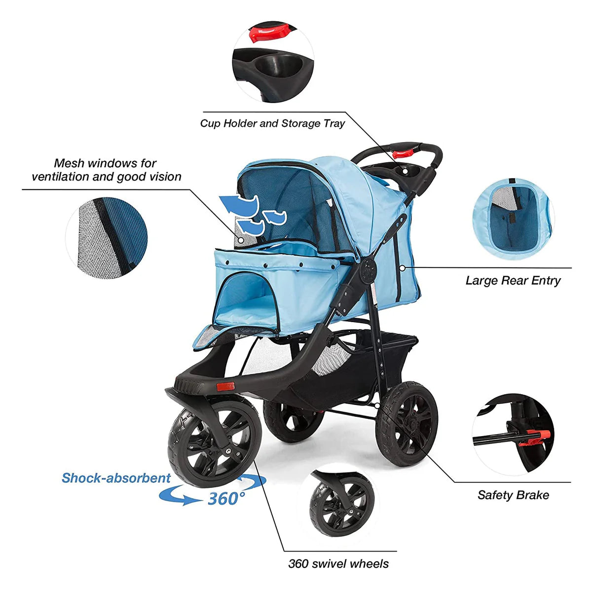 3-Wheels pet Stroller, Foldable Jogger Pet Stroller with Storage Basket, Blue