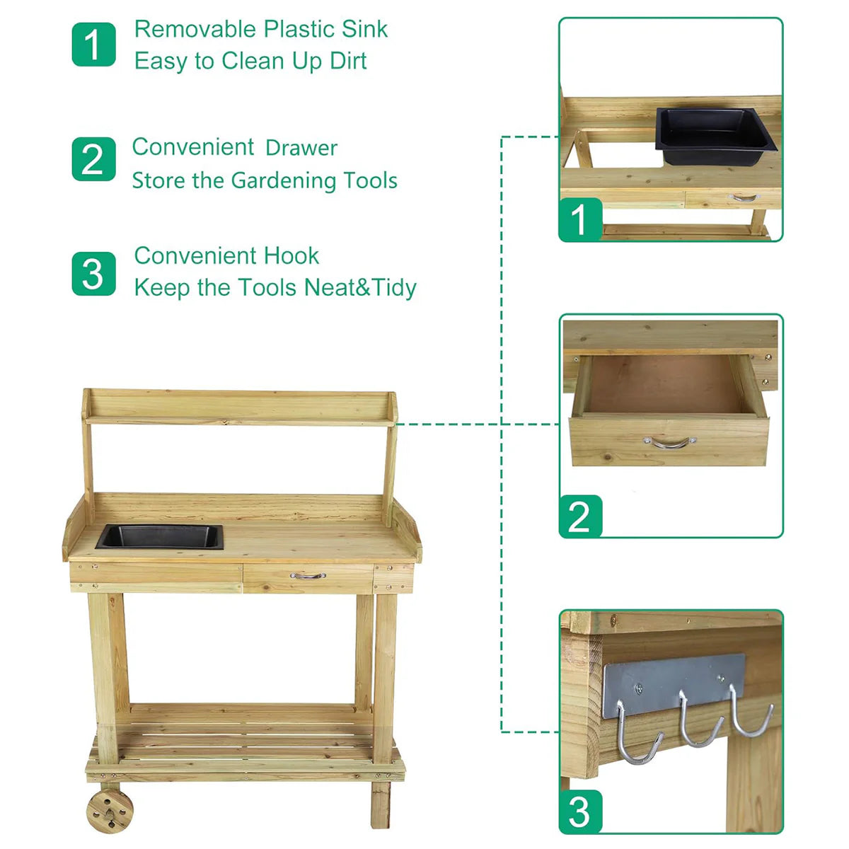 Potting Bench Table Wooden Gardening Plant Workstation Natural Solid Wood w/Wheels and Drawer Sink Hook Open Shelf