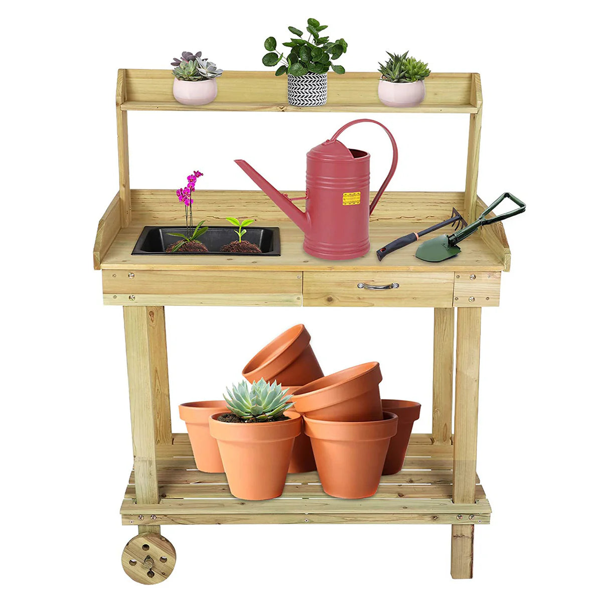 Potting Bench Table Wooden Gardening Plant Workstation Natural Solid Wood w/Wheels and Drawer Sink Hook Open Shelf