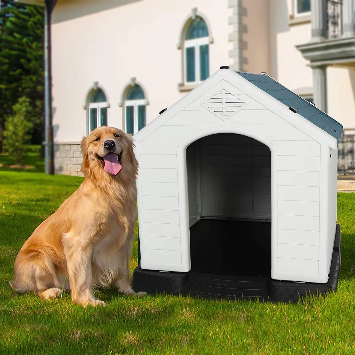 Dog House Outdoor Plastic 39" Height Weatherproof Kennel House with Elevated Floor, Large