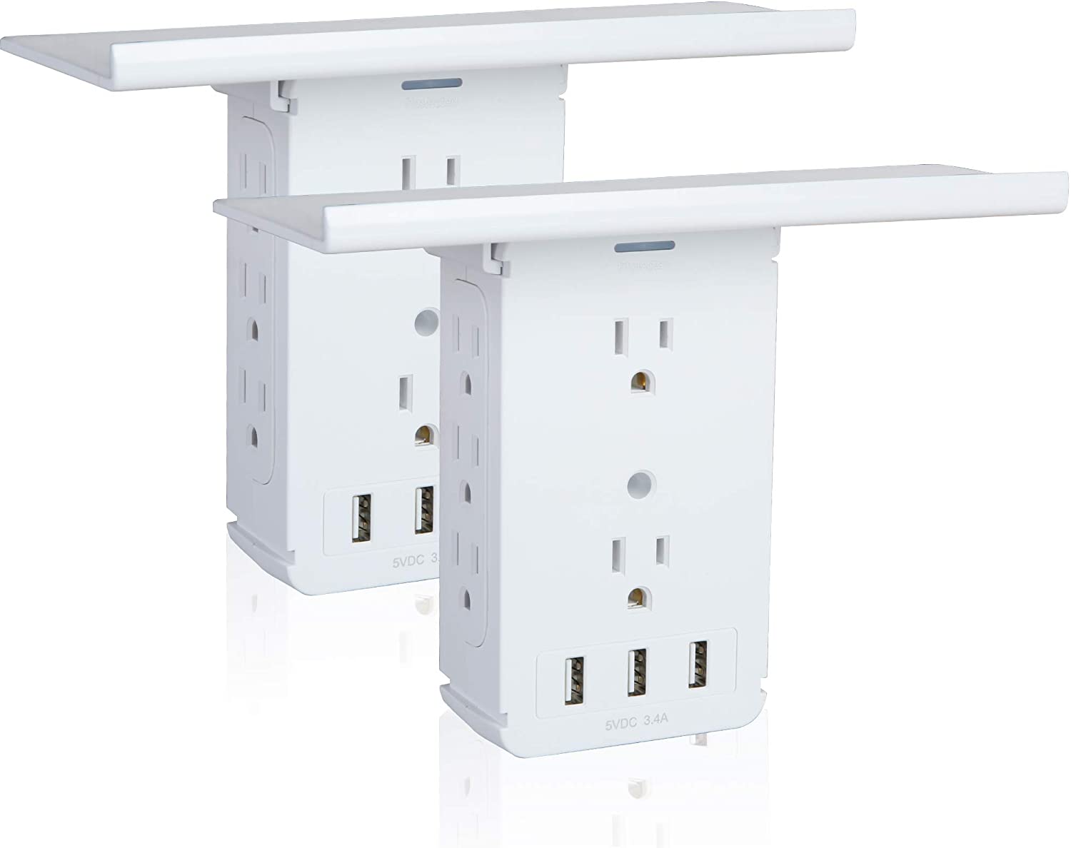 Wall Outlet Extender-2 Pack Surge Protector Multifunctional Outlet Wall Plug with 3 USB Ports(3.4A Total), 8 AC Outlets, Removable Outlet Shelf