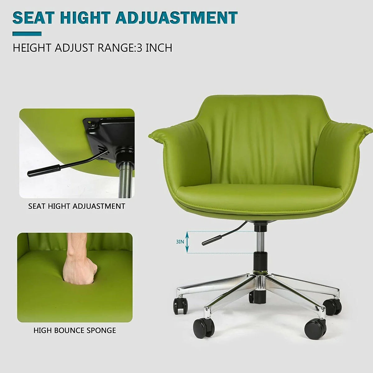 Low Back Swivel Chair for Desk With Adjustable Height Handle Office Armchair PU Leather Ergonomic Desk Chair, Green