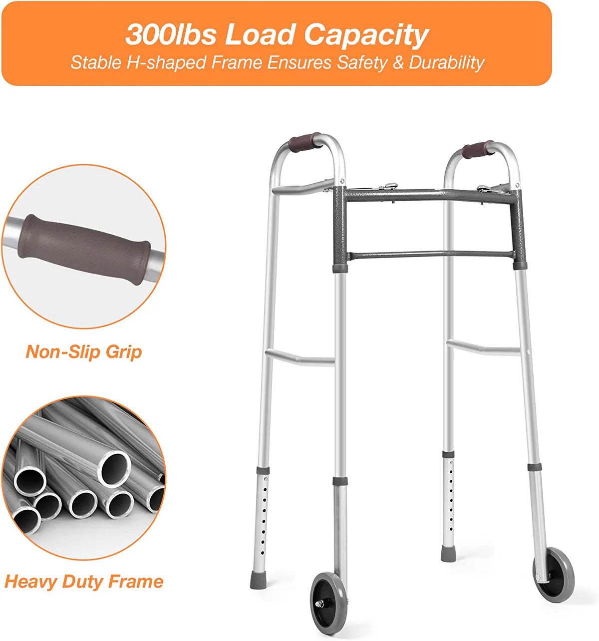 Lightweight Aluminum Alloy Folding Walker with 5" Wheels, 8-Level Height Adjustable Supports up to 300lbs