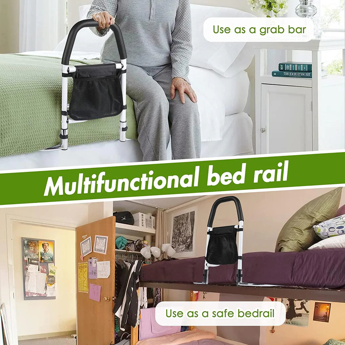 Bed Rails for Senior with Organizer Pouch, Bed Assist Rail with Anchor Strap, Medical Bed Safety Handle