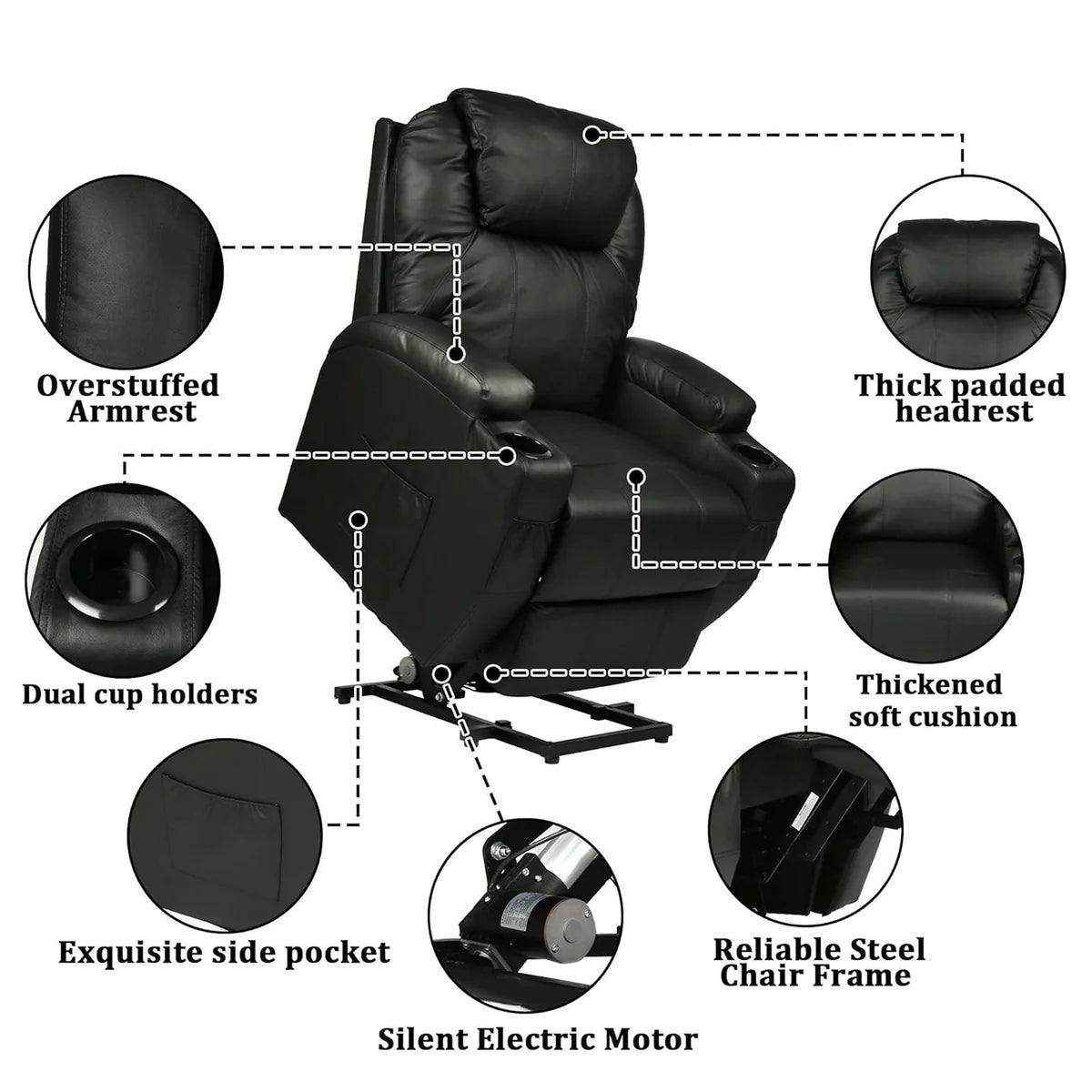 Electric Power Lift Leather Sofa Power Reclining Massage Chair for Elderly with Massage and Heat, Black