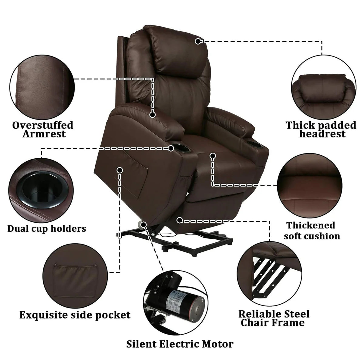 Power Lift Leather Sofa Electric Leather Full Body Massage Chair for Elderly with Massage and Heat, Brown