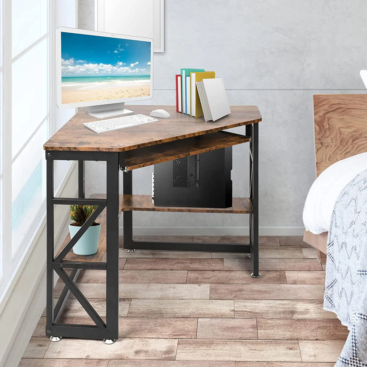 Triangle Computer Desk, Corner Desk w/ Keyboard Tray & Storage Shelves, Small Desk Steel Frame, Rustic Brown