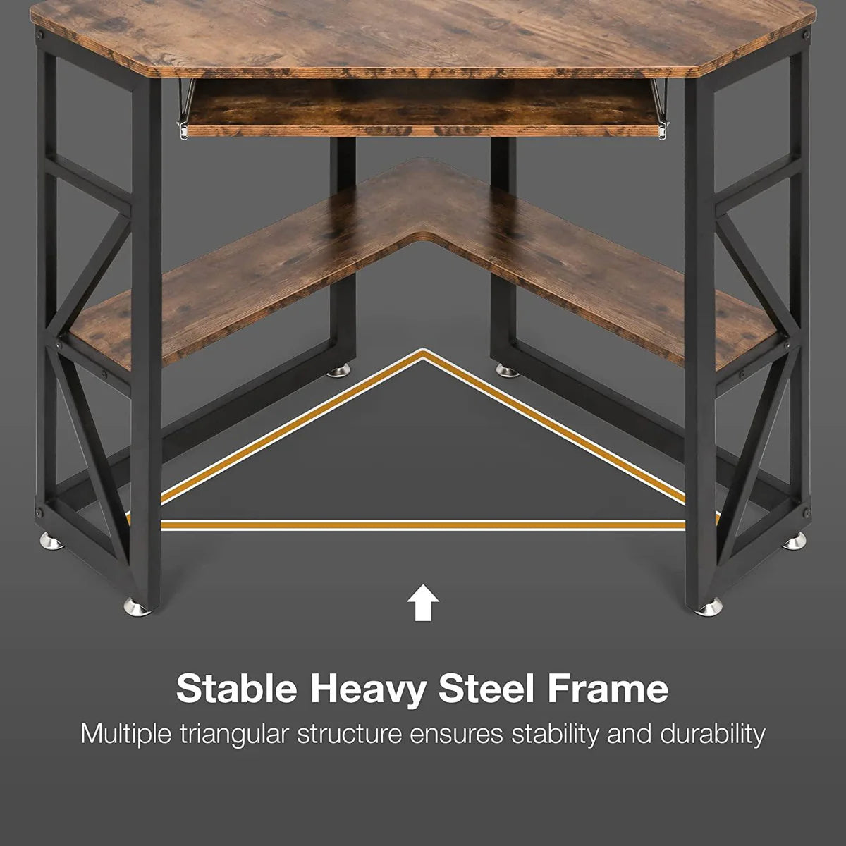 Triangle Computer Desk, Corner Desk w/ Keyboard Tray & Storage Shelves, Small Desk Steel Frame, Rustic Brown