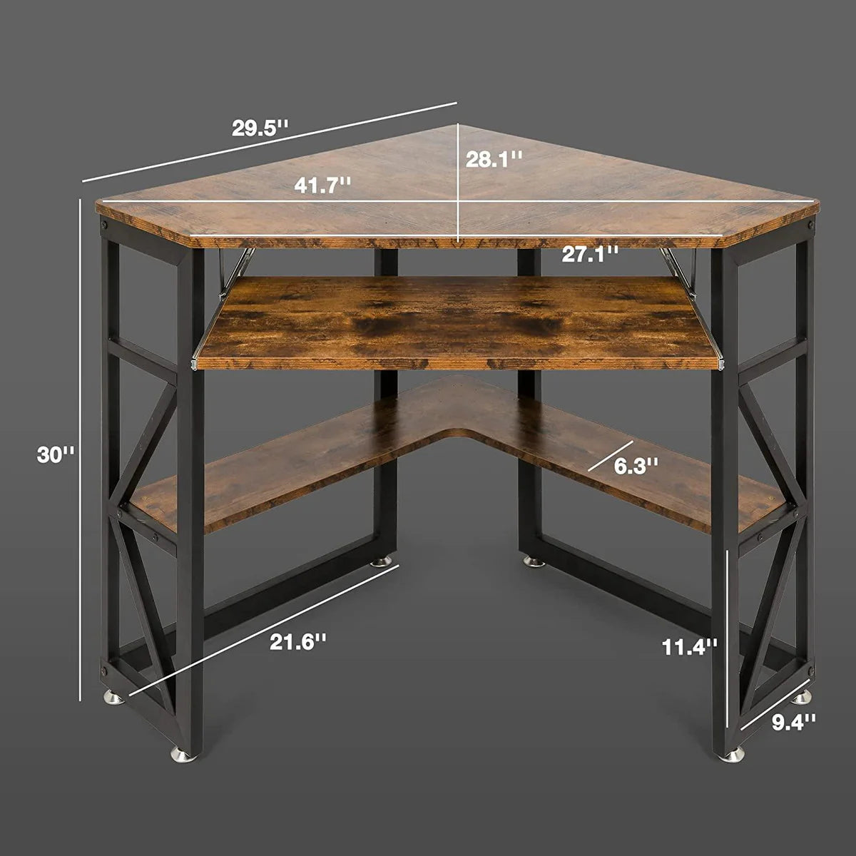 Triangle Computer Desk, Corner Desk w/ Keyboard Tray & Storage Shelves, Small Desk Steel Frame, Rustic Brown