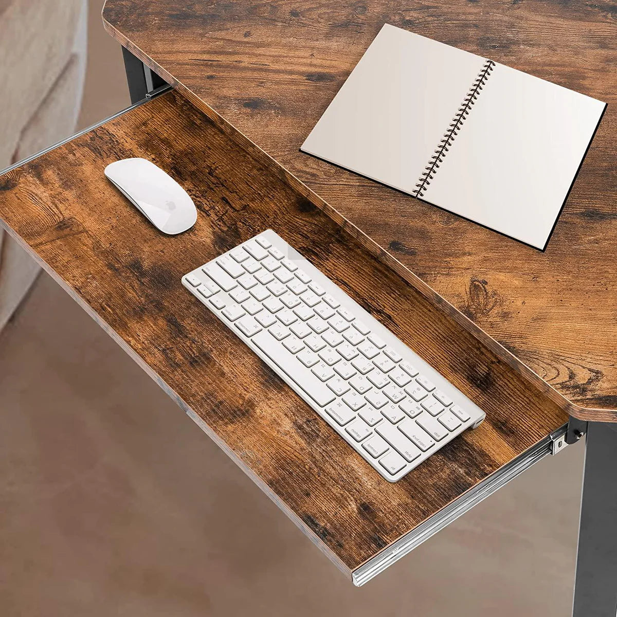 Triangle Computer Desk, Corner Desk w/ Keyboard Tray & Storage Shelves, Small Desk Steel Frame, Rustic Brown