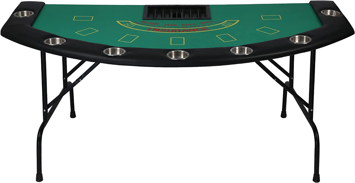 7 Player Blackjack Table with Folding Legs 71" Casino Game Table Removable Metal Cup Holder Green Felt