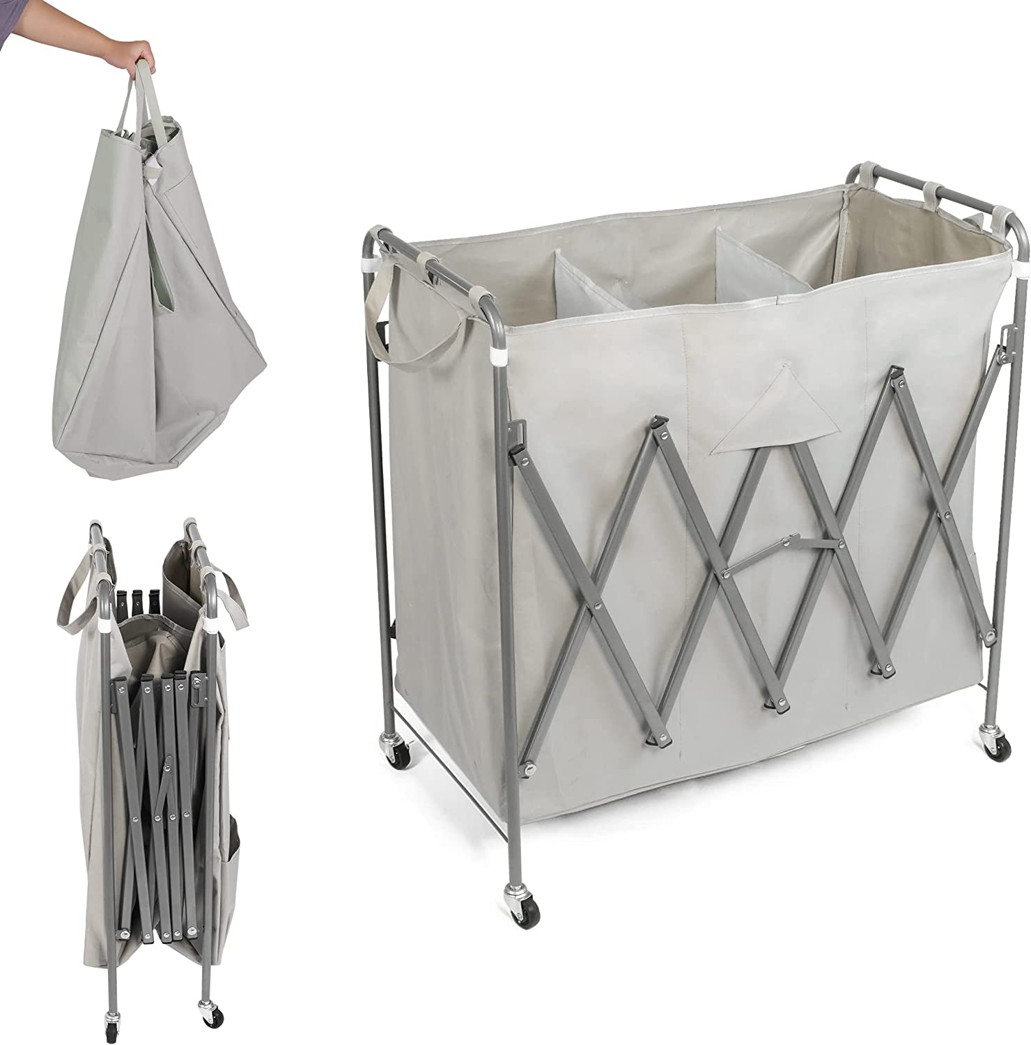 Folding 3 Sections Rolling Laundry Basket Laundry Cart Sorter Hamper w/ Lockable Wheels & Removable Bags, Grey