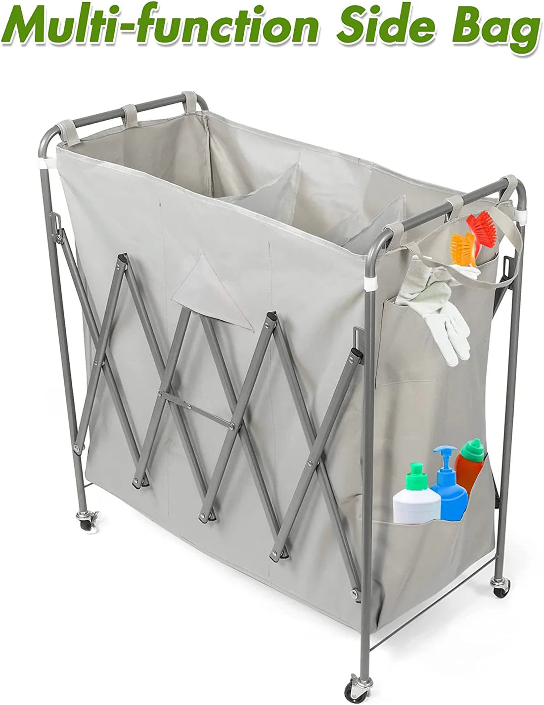 Folding 3 Sections Rolling Laundry Basket Laundry Cart Sorter Hamper w/ Lockable Wheels & Removable Bags, Grey