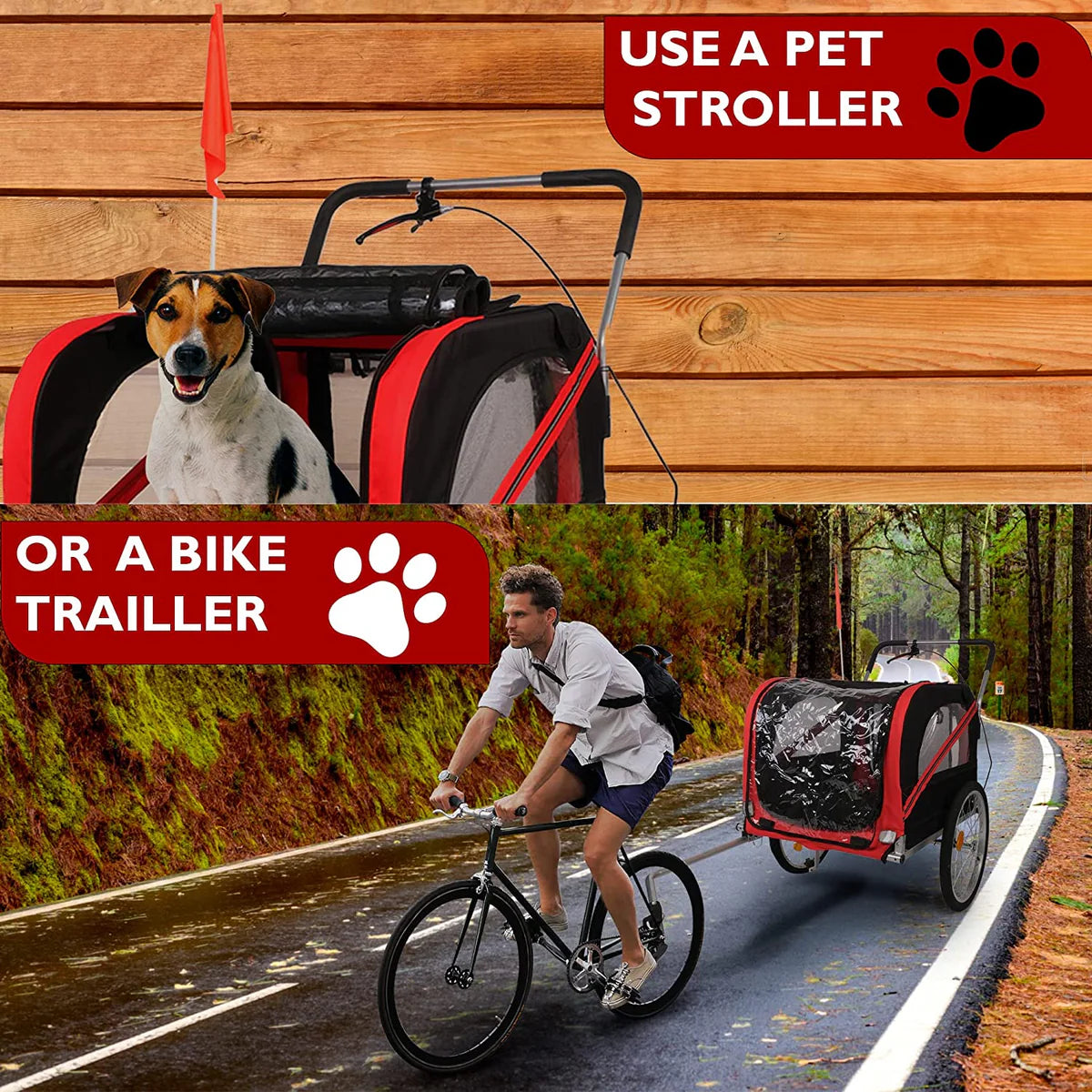 Dog Bike Trailer Cart 2 in 1 Pet Bicycle Stroller for Travel with Reflectors Parking Brake Breathable Protective Net, Red