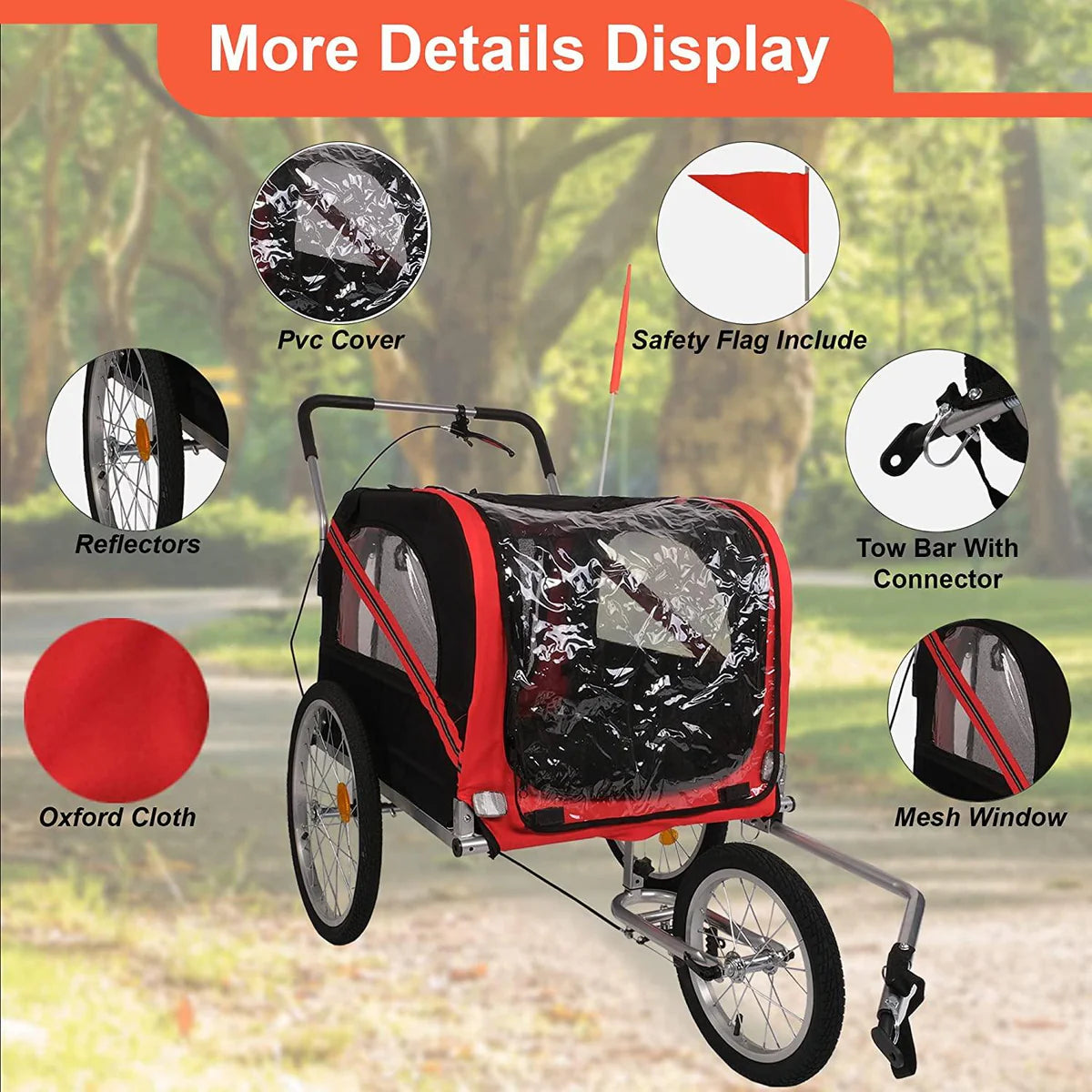 Dog Bike Trailer Cart 2 in 1 Pet Bicycle Stroller for Travel with Reflectors Parking Brake Breathable Protective Net, Red